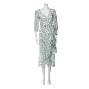 Ganni | Tilden Floral-Print Mesh Wrap Dress w/ Ruffle Detail Blue & Green Size M